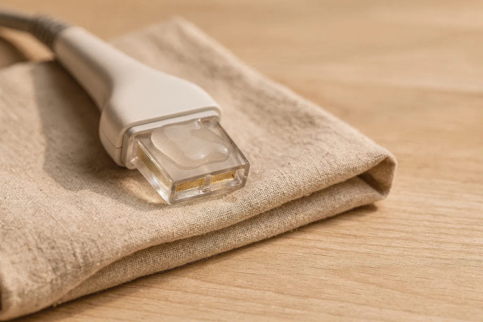 Aplicador de luz pulsada con su cristal rectangular sobre una toalla