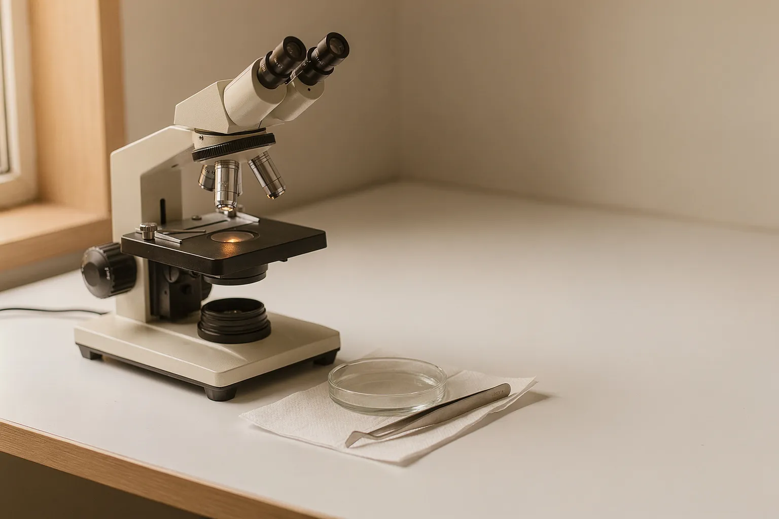 Microscopio y placa con suero para preparar las unidades foliculares